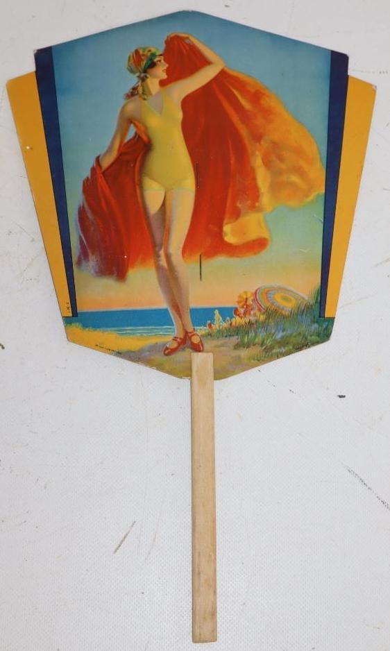 Be Cool with 7Up Woman in Bathing Suit Beach Scene Advertising Cardboard Hand Fan: is marked "Louis F. Dow Co. St. Paul" 9" x 14.5"