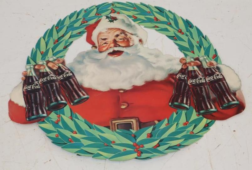 Coca-Cola with Santa and Wreath Double Sided Cardboard Advertising Sign (1 of 2)