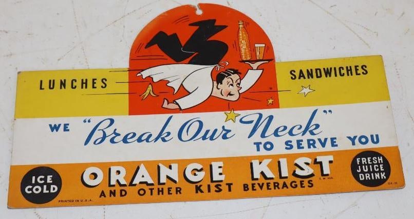We Break Our Neck to Serve You Orange Kist Soda Cardboard Advertising Fan Pull (1 of 2)