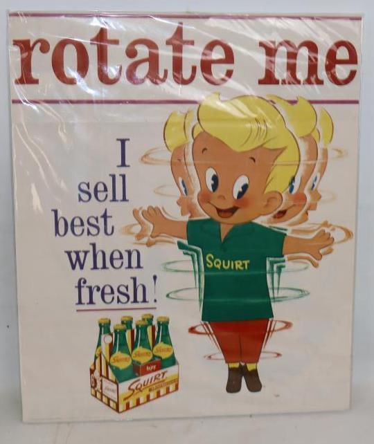1962 Rotate Me I Sell Best When Fresh Squirt Soda Advertising Paper Sign: 16.5" x 20"