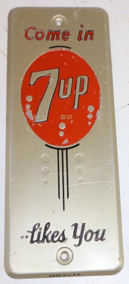 Come In 7up Likes You Embossed Metal Advertising Door Push: 3.75" x 8.75"