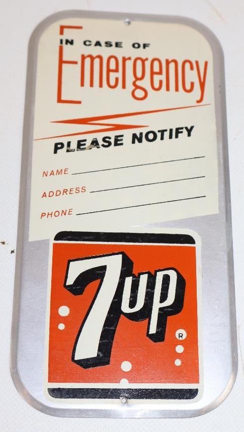 "In Case of Emergency Please Notify" 7up Aluminum Advertising Sign: 4" x 8.25"