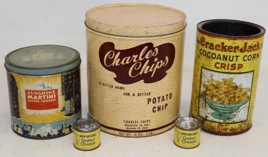 Group of 5 Cracker Jack, Charles Chips And Chef Boy-Ar-Dee Grated Cheese Advertising Tins (1 of 5)