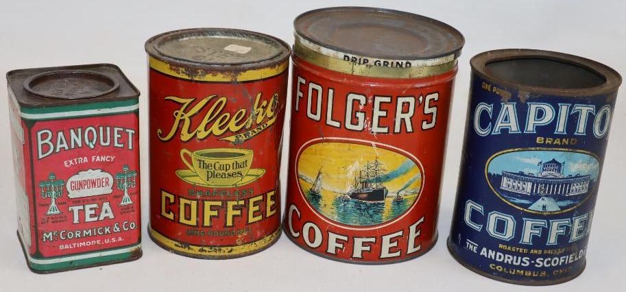 Group of 4 Kleeko, Capital, Folgers And Banquet Coffee And Tea Cans (1 of 2)