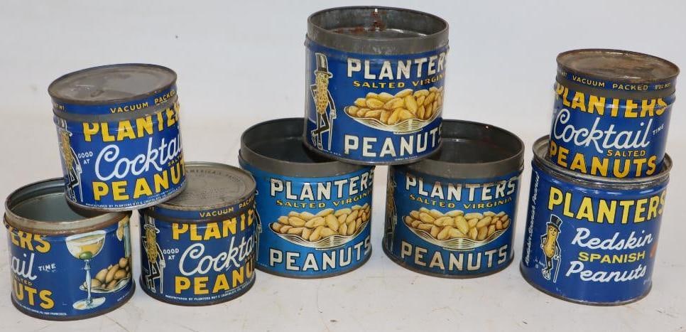 Group of 8 Planters Peanuts And Redskin Advertising Tins: Largest is 1 lb 4 Are Missing Lids