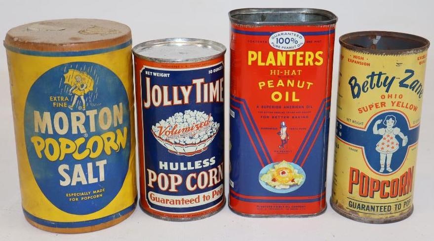 Group of 4 Planters, Morton, Jolly Time And Betty Zane Advertising Popcorn Tins (1 of 2)