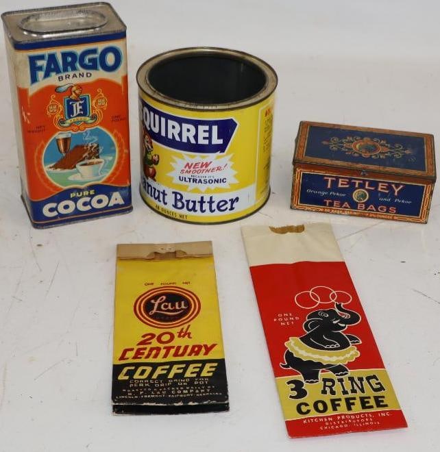 Group of 5 Tea, Cocoa, Coffee, and Peanut Butter Advertising Tins and Packages: Largest is 48oz.