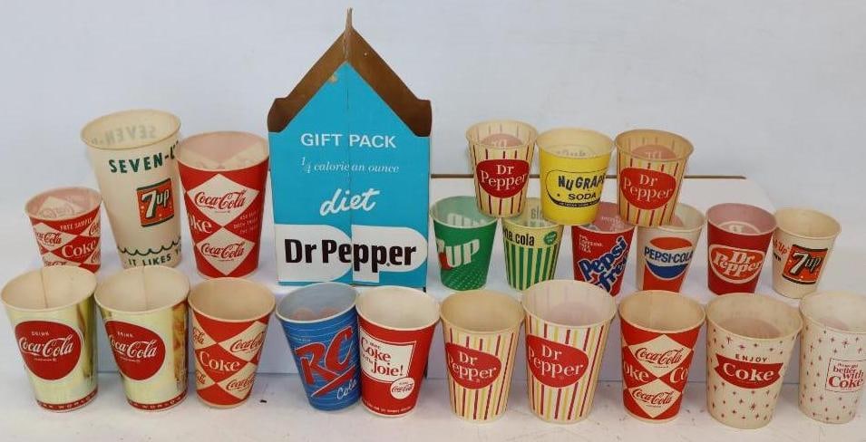 Group of 23 Advertising Soda Cups with Dr. Pepper Gift Pack Carrier: Largest is 5" x 2.5" x 9"