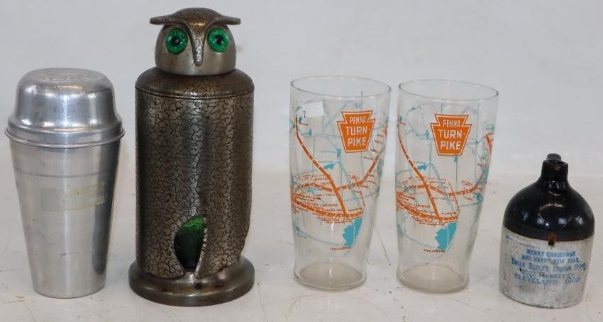 Group of 5 Cocktail Shakers, Turnpike Glasses And Merry Christmas Crock Jug: Largest is 4x4x9