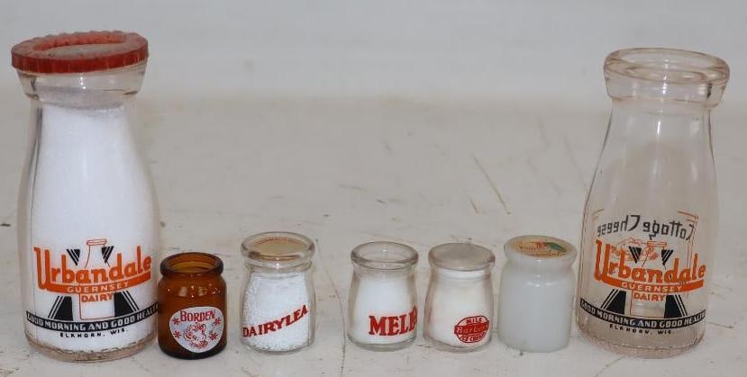 Group of 7 Creamer and Cottage Cheese Glass Dairy Jars: Largest is 8oz