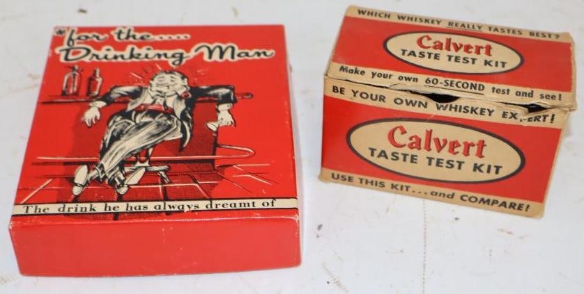 Calvert Shot Glasses In Original Box And Scoth Bourbon Gag Gift: Largest is 4.5x5.5x1