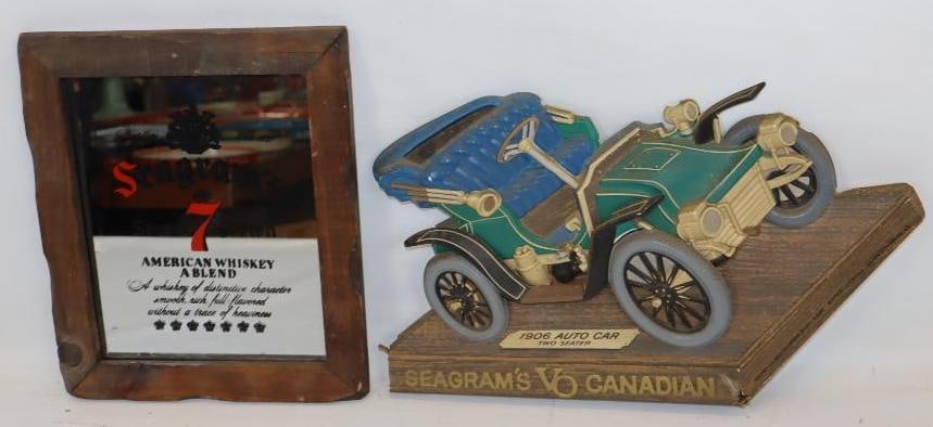 Group of 2 Seagram's Advertising Mirror And 1906 Auto Car 3D Cut Out Sign: Largest is 17x10x2