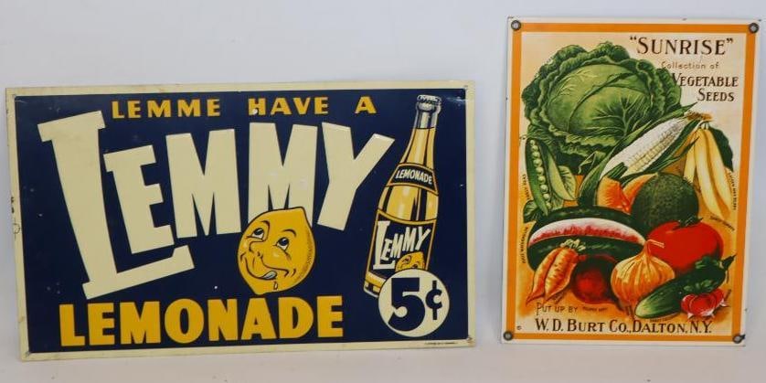 Group of 2 Lemmy Lemonade And W.D. Burt Co. Vegetable Seeds Reproduction Signs: Largest is 15x9