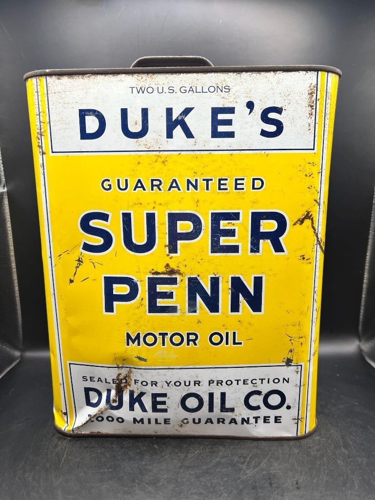 Duke's Super Penn Motor Oil: Good color, fair condition, rust, denting