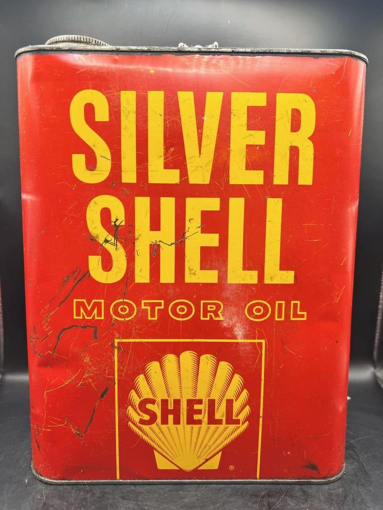 Shell Silver Motor Oil (2): Good color, slightly filled, some scratching, minor white paint splatters on one side