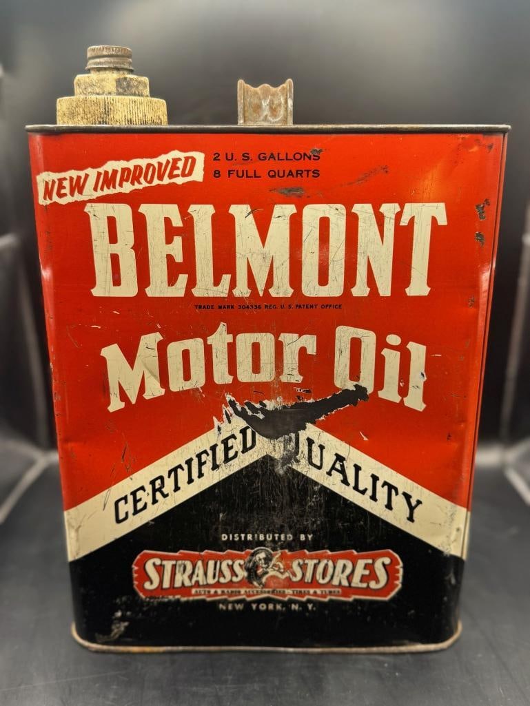 Belmont Motor oil V(2): NYC, Great can, shine preserved, some scratching,plastic lid