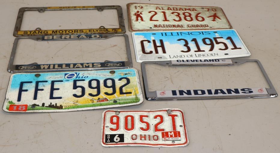Group of 7 Ohio, Alabama, and Illinois License Plates and Advertising Frames (1 of 5)