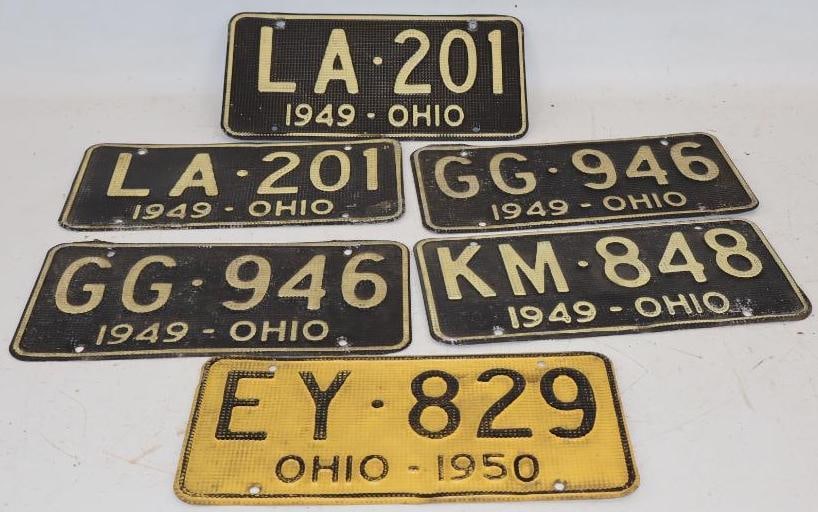 Group of 6 1949 & '50 Embossed Ohio Waffle License Plates: 12" x 6" each