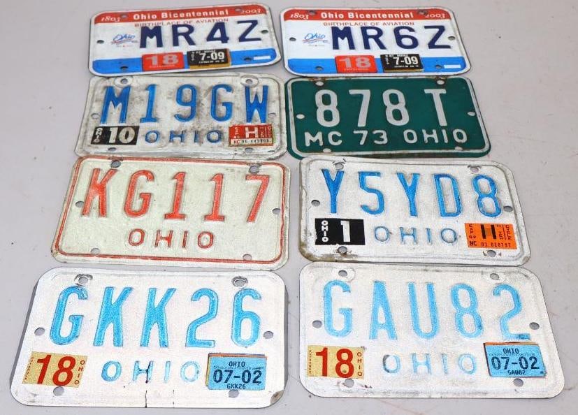 Group of 8 Ohio Embossed Motorcycle License Plates: 4.5" x 7" each