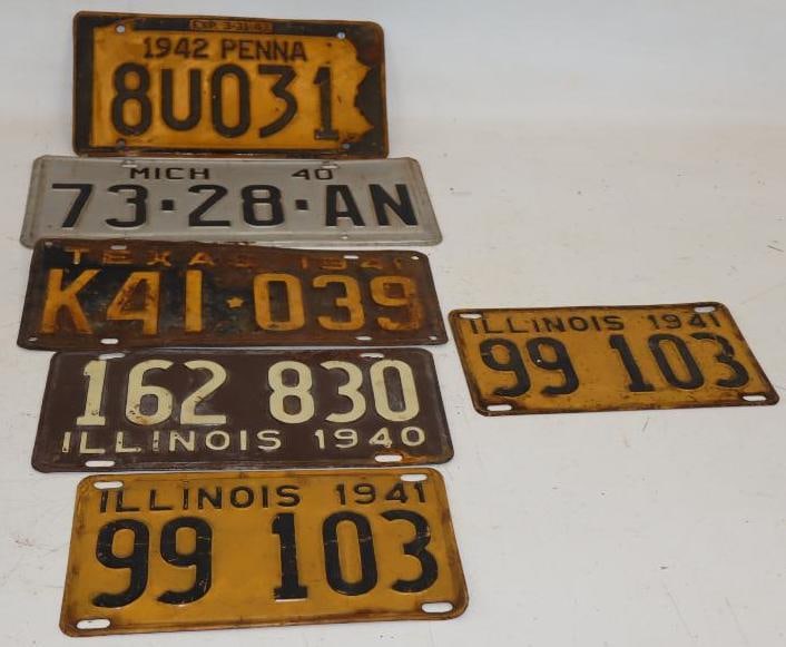 Group of 6 1940's Michigan, Illinois, Penna, & Texas Embossed State License Plates (1 of 4)