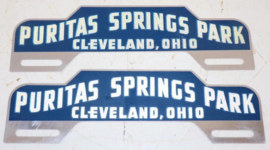Group of 2 Puritas Springs Park Cleveland, Ohio Blue Reflective License Plate Toppers: 10" x 3" each