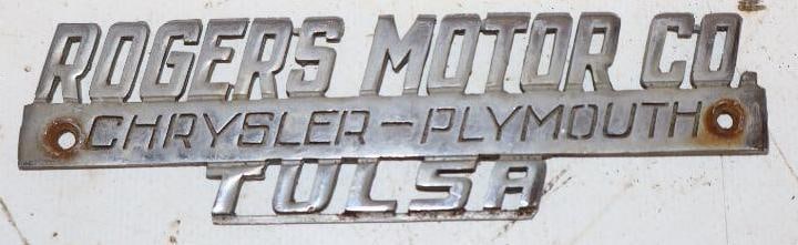 Rodger's Motor Co. Chrysler Plymouth Dealership Tulsa Emblem Badge: 5" x 1.5"