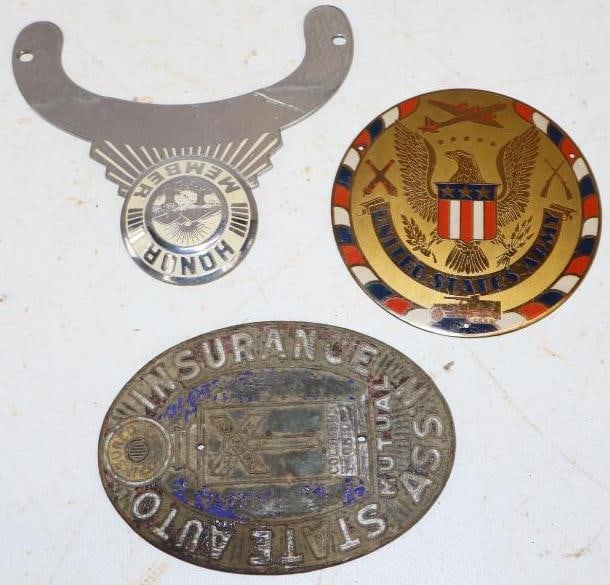 Group of 3 U.S. Army, State Auto Insurance & Honor Member Radiator Badges & Plate Topper: Largest is 4.75" x 4"