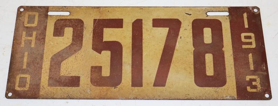 Ohio 1913 License Plate: 11.75" X 5.5"
