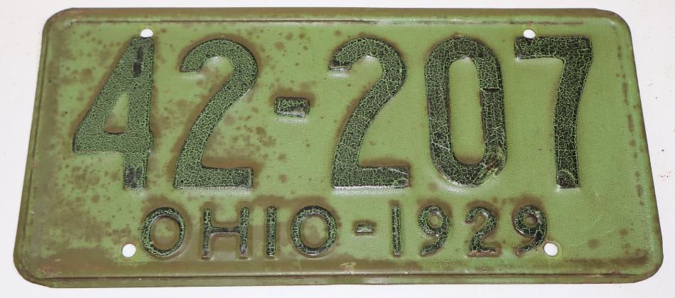 1929 Ohio Embossed Original Paint License Plate 42-207: 12" x 5.75"