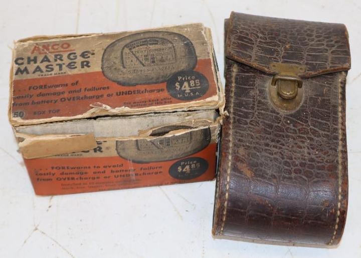 Group of 2 Anco Charge-Master & Emergency Light in Original Packaging & Leather Case: Largest is 7" x 3" x 2.5"