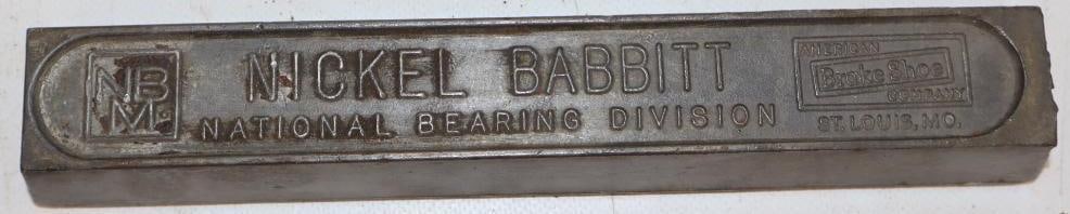 American Broke Shoe Nickel Babbitt Bar: 8.75" x 1.5" x 1"