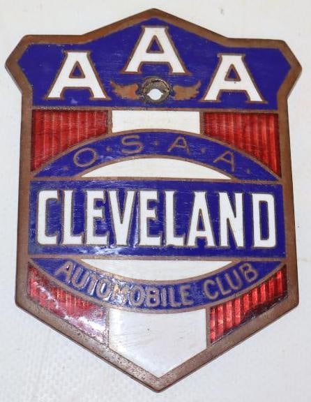 1920's Cloisonne Cleveland AAA Shield Shaped Radiator Badge: 3.25" x 4.25"