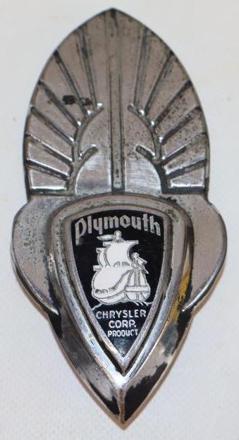1937 Plymouth Cloisonne Radiator Emblem Badge: 2.5" x 5.25"