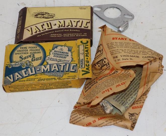 Group of 2 1920's & 30's Vacu-Matic Carburetor Breathers in Original Boxes: 5.25" x 3.5" x 1" each