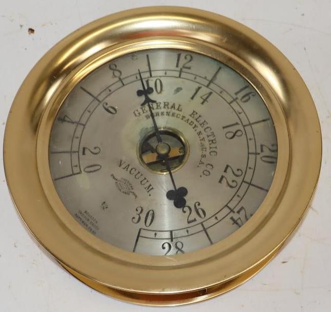 General Electric Bourdon Brass Vacuum Gauge: 11" x 11" x 2.75" is marked American steam gauge & valve company, Boston, Mass.