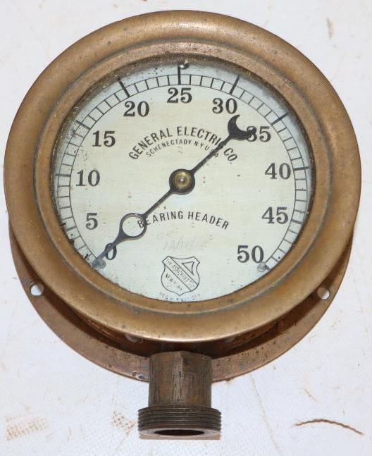 General Electric Company Bearing Header Brass Gauge: 5.75" x 5.75" x 2.25" marked Ashcroft New York