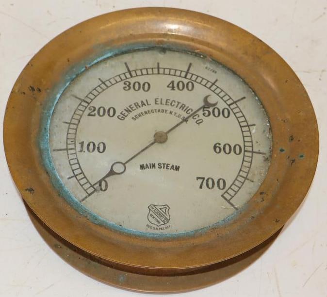 General Electric Main Steam Brass Pressure Gauge: 11" x 11" x 3.25" marked Ashcroft New York