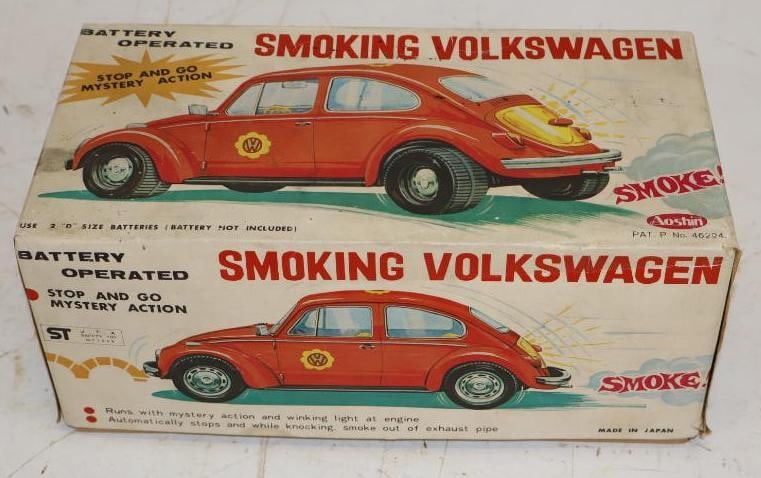Battery Operated Smoking Volkswagen in Original Box by Aoshin: 11" x 5.5" x 4.5" appears to be complete