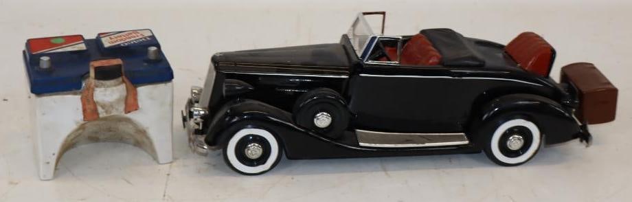 Group of 2 1937 Packard & Delco Freedom Battery Alcohol Decanters: Largest is 17" x 5.5" x 5.5"