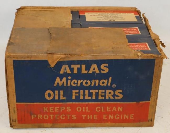 Group of 6 Atlas Micronal Oil Filters G-61 in Original Box for 1950's GM & GMC V8 Model Cars: 14" x 12" x 8"