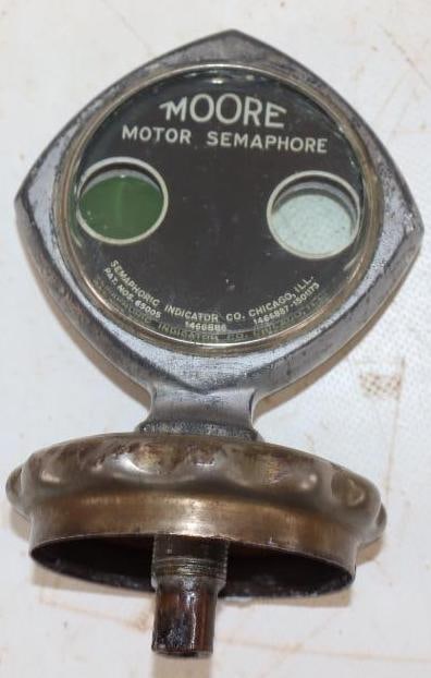 Moore Semaphore Moto-Meter Mounted on Radiator Cap: 3.5" x 5.5" x 3"