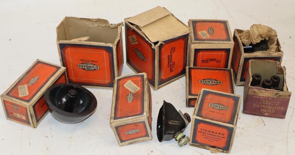 Group of 8 Standard Distributor Caps & Starter Switches in Original Boxes: Largest is 4" x 4" x 4"
