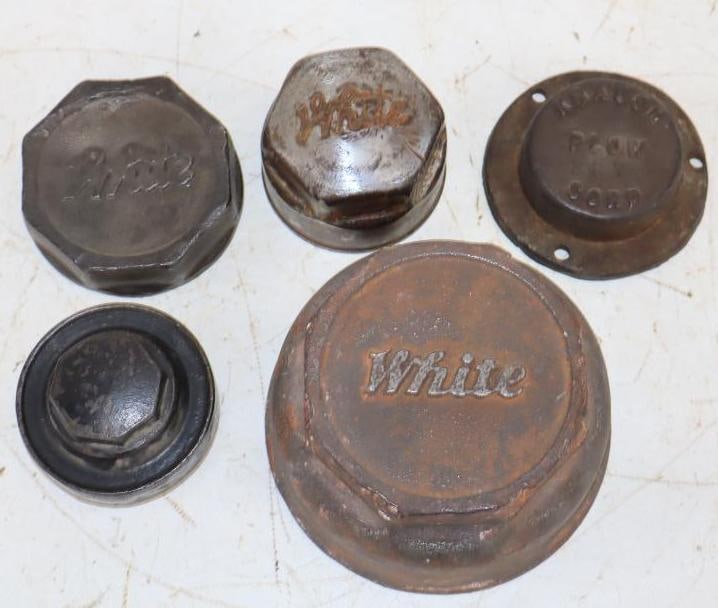 Group of 5 White, Raceway, and Krause Plow Corp. Threaded and Bolt On Automobile and Tractor Hubcaps: Largest is 5.75" x 5.75" x 2.5"