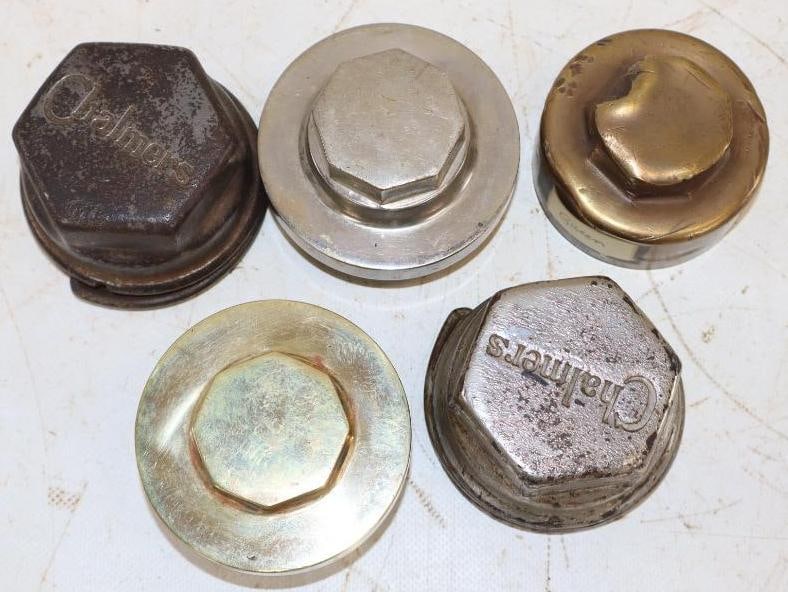 Group of 5 Chalmers, Queen, and Brass Threaded Automobile Hubcaps: Largest is 2.75" x 2.75" x 2"
