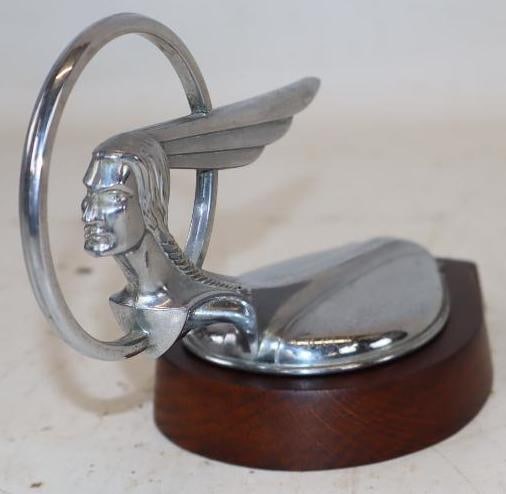 1934 Pontiac Indian Chief Radiator Hood Ornament Mascot with Wood Base: 2.75" x 8" x 3.5"