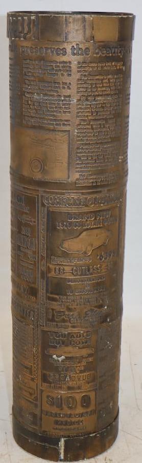 Umbrella Holder With 1980s Car Ads Embossed Throughout: 5.25x5.25x19.5