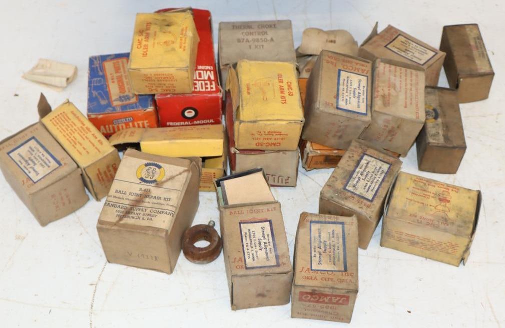 Group of 41 NOS Ball Joint Repair Kits, Idler Arm Kits, Tie Rod Ends and Other Parts in Original (1 of 4)