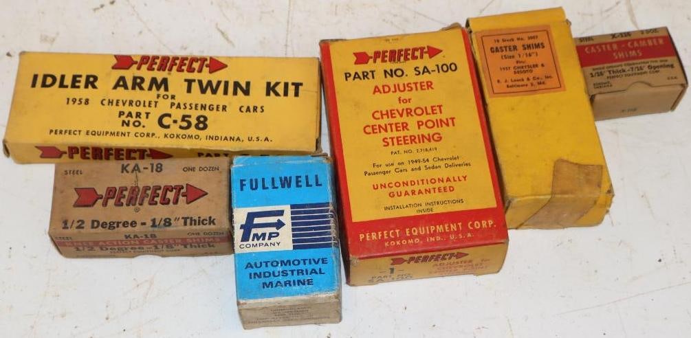 Group of 46 Idler Arm Kits, Caster Shims and Other NOS Car Parts in Original Boxes: Largest is 5.5x3.25x1.5