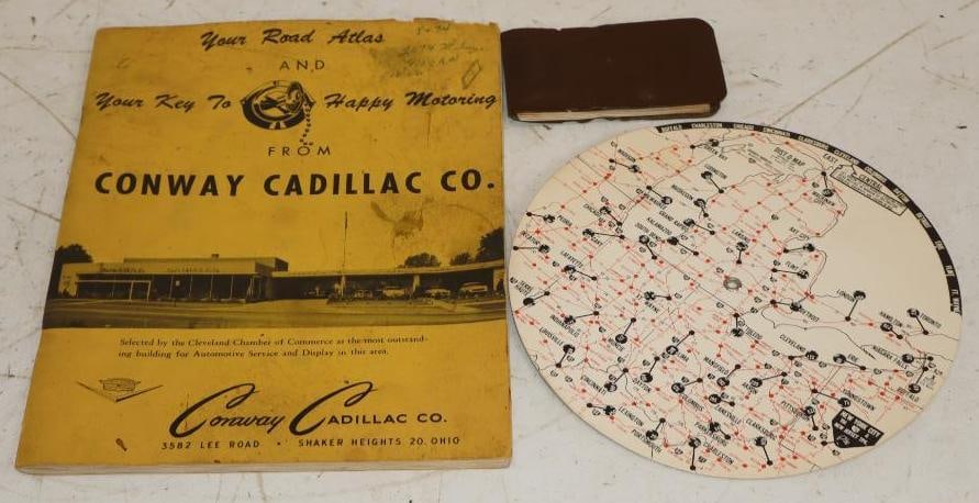 Group of 3 Conway Cadilac Road Atle, Mileage Chart and Business Cards in Book: Largest is 7.5x9.75
