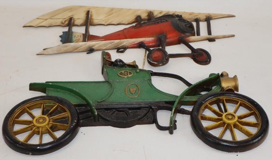 Group of 2 Cast Aluminum Car and Airplane Wall Hangings: Largest is 18.5x11 Both Are Marked Sexton